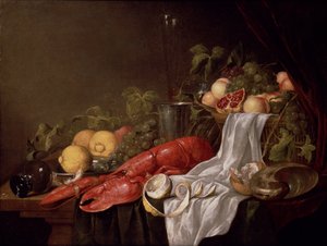 Bodegón de frutas y una langosta sobre una mesa cubierta con tela